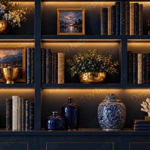 Könnte beinhalten: Ein dunkelblaues Bücherregal mit integrierter Beleuchtung, das mit Buchreihen, goldfarbenen Metallschalen, Topfpflanzen, gerahmten Landschaftsbildern, blau-weißen Keramikvasen und dekorativen Objekten in mehreren Regalfächern bestückt ist.