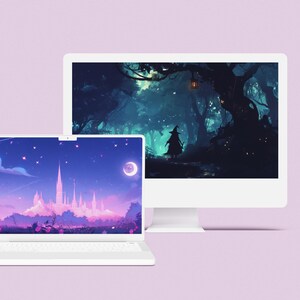 Computer and ultrawide view of the lofi witchy wallpaper pack