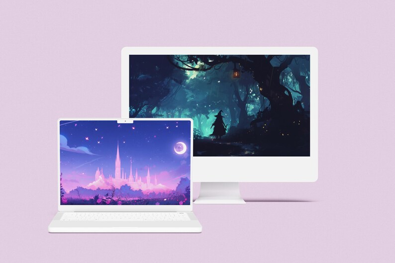 Computer and ultrawide view of the lofi witchy wallpaper pack