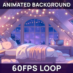 Puede incluir: Fondo animado de un dormitorio acogedor con una cama, un escritorio y una ventana. La habitación está iluminada con luces suaves y cálidas, y se puede ver un cielo estrellado a través de la ventana. Se muestra el texto "ANIMATED BACKGROUND" y "60FPS LOOP".
