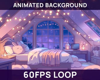 Fondo animado de VTuber con ambiente acogedor en un dormitorio, ático morado acogedor, bucle MP4 de 1080p sin interrupciones