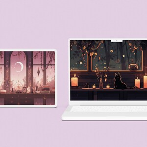 Computer and tablet view of the lofi witchy wallpaper pack