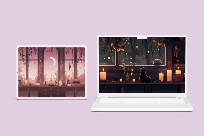 Computer and tablet view of the lofi witchy wallpaper pack