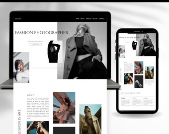 May include: A website template for a fashion photographer. The website features a black and white photo of a model wearing a coat and jeans. The website also includes a gallery of photos, a contact form, and a section about the photographer.