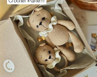 Crochet Bear Pattern Set 2-in-1, Amigurumi Teddy Bear and Rattle Tutorial, Newborn Baby Shower Gift, Cute Stuffed Animal Guide, English PDF