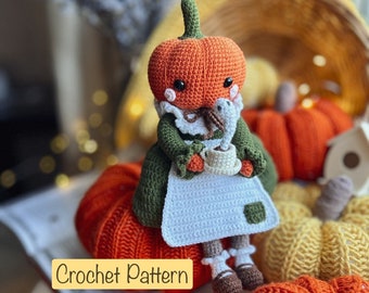 May include: Crochet pattern for a pumpkin-shaped amigurumi doll wearing a green dress and holding a cup. The doll is sitting on a book with other crocheted pumpkins in the background. The text "Crochet Pattern" is visible on the book.