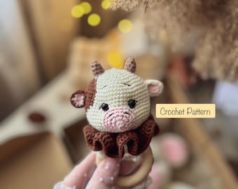 Amigurumi Cow Rattle Crochet Pattern, Crochet Baby Rattle Pattern, Cute farm Animal Toy Tutorial, PDF English