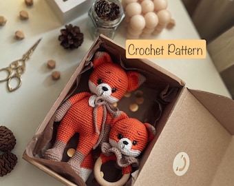 Foxes Crochet Pattern Set 2in1, Crochet fox toy, crochet baby rattle, Amigurumi tutorial, PDF English