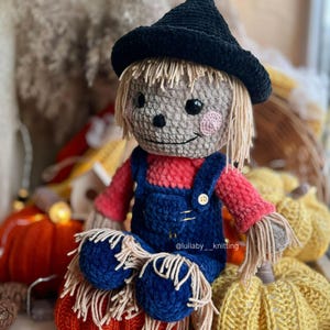 May include: A crocheted scarecrow doll wearing a black witch hat, red and blue overalls, and sitting on a crocheted pumpkin. The doll has a friendly face with brown eyes and pink cheeks. The doll is surrounded by crocheted pumpkins.