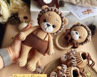 Crochet Pattern Set 3in1 Lion, Crochet pattern lion, crochet booties tutorial, crochet rattle pattern, amigurumi lion tutorial, PDF English