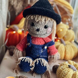 May include: A crocheted scarecrow doll wearing a black witch hat, red and blue overalls, and a straw-like beard. The doll is sitting on a table with pumpkins and pine cones.