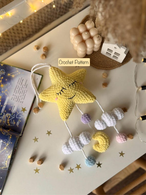 Crochet Star Mobile Pattern, Nursery Wall Hanging PDF, Amigurumi Baby Room Decor, Star and Cloud crochet toys, digital download, PDF Eng