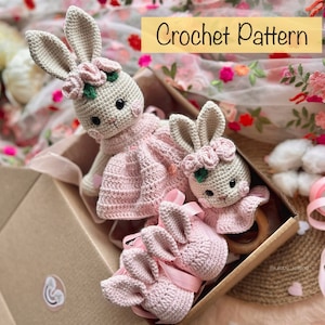 CROCHET PATTERN SET 3in1, Rabbit in dress, Rattle Rabbit, Booties, Diy, Instructions Pdf English, Stuffed Bunny, Baby Rattle, Cute Bunnies