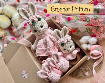 CROCHET PATTERN SET 3in1, Rabbit in dress, Rattle Rabbit, Booties, Diy, Instructions Pdf English, Stuffed Bunny, Baby Rattle, Cute Bunnies