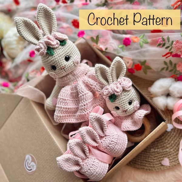 CROCHET PATTERN SET 3in1, Lapin en robe, Hochet Lapin, Chaussons, Bricolage, Instructions Pdf Anglais, Lapin en peluche, Hochet bébé, Lapins mignons