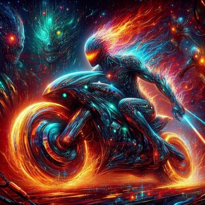 May include: A digital art illustration of a futuristic motorcycle with a rider wearing a helmet. The motorcycle and rider are surrounded by a fiery orange and blue glow. The background is a dark blue with stars.