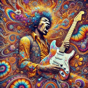 May include: A psychedelic illustration of a musician playing a white electric guitar with a colourful floral background.