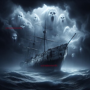 Puede incluir: Ilustración digital de un barco fantasmal navegando por un mar tormentoso. El barco está deteriorado y parece hundirse. Encima, figuras fantasmales con caras de calavera emergen de oscuras nubes, creando una escena espeluznante y etérea.