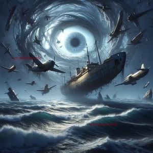 Può includere: Una grande nave logora galleggia in un mare tempestoso, circondata da un vortice di nuvole e aerei che turbinano. La nave è parzialmente sommersa, con la prua rivolta verso il cielo. Il vortice è scuro e minaccioso, con un grande occhio blu al suo centro.