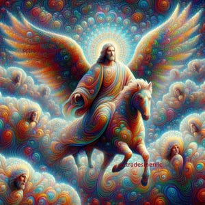 May include: A colorful, abstract painting of a figure with wings riding a horse through swirling clouds. The figure is depicted in a flowing robe with a halo, and the horse is white with a flowing mane.