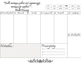 Kalendarz- Planer Tygodniowy z Cytatami, do Druku A4 - 53 Tygodnie