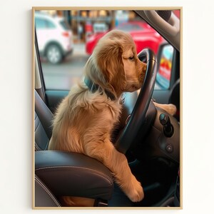 Grappige hondenfotoafdruk, golden retrieverpuppy autorijden, schattig hondendecor voor dierenliefhebbers, grillig cadeau voor hondenbezitters PF3957