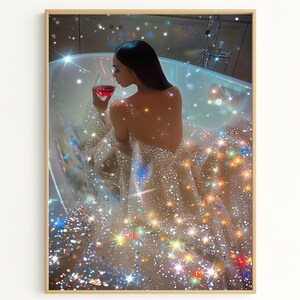 Sparkle Cup: Elegant Woman in Sparkling Gown Enjoying Wine in a Bathtub Art Print for Luxurious Home Decor - Gift for Wine Lovers GG1118