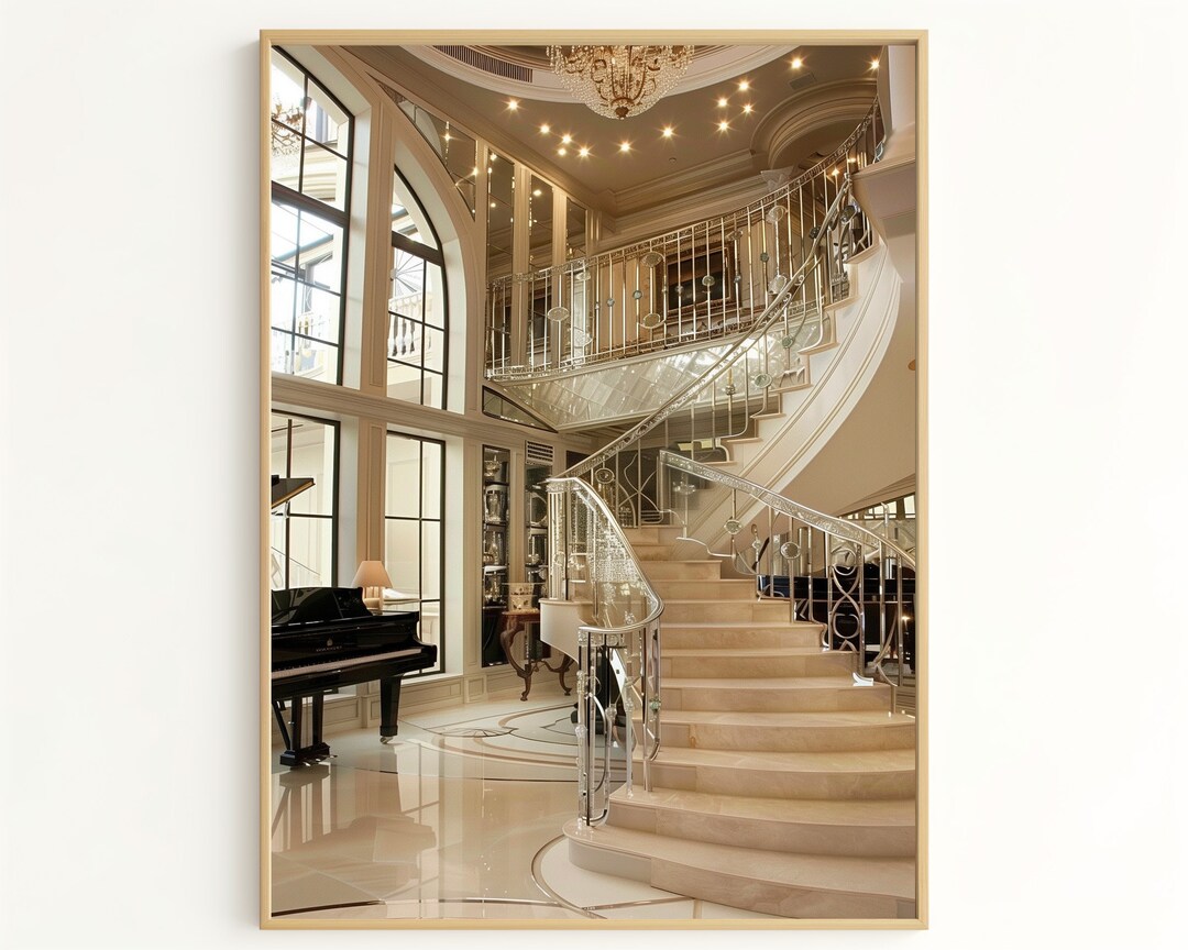 Piano Railing Modern Stair Railing Art Print - Opulent Staircase With Glass Railings ...