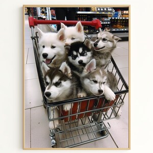 かわいいハスキーアート - ショッピングカートに乗った愛らしい子犬の写真、ペット愛好家のための完璧な壁飾り、ユニークなギフトアイデア PF3959