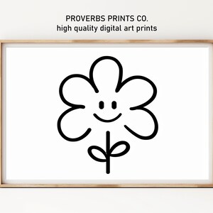 Niedliche Blumendrucke, Happy Flower Line Art Print, wunderliche Illustration für Kinderzimmer, schwarzweißes Blumenwanddekor SP2024