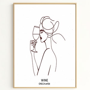 Wine Line Art Print, Minimalist Woman with Glass Illustration, Elegant Wine Decor for Kitchen, Modern Wall Art Gift SP2034