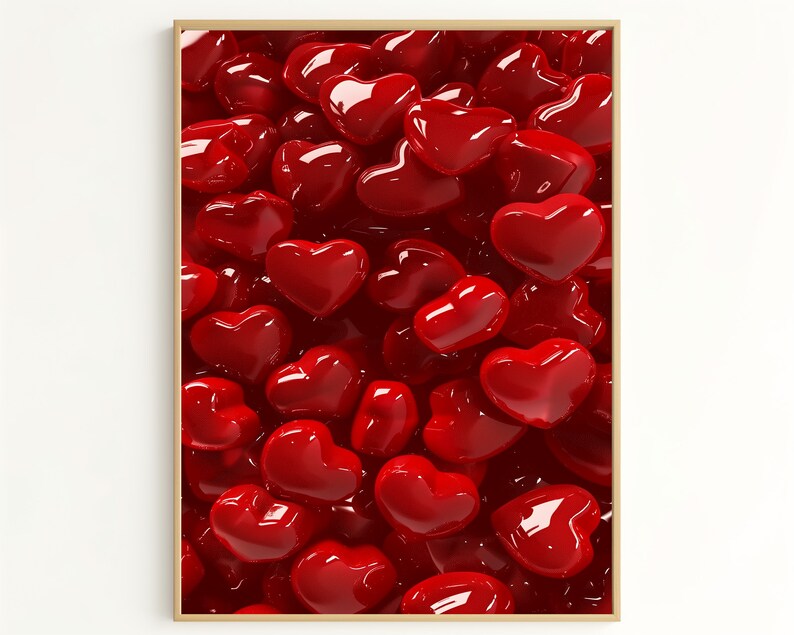 Red Heart Wall Decor, Glossy Red Heart Cluster Art Print for Romantic