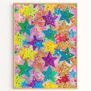 Colorful Star Art Print - Vibrant Glittery Stars on a Playful Background for Dreamy Nursery Decor - Perfect Gift for Kids! SP2162