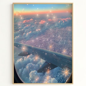 Fantasy sky print - Dreamy Cosmic Flight, Sparkling Cloudscape View from Airplane Window Art, Perfect Wall Decor for Dreamers&#39; Gift GG1135