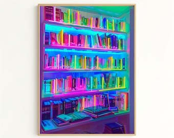 Library Wall Decor - Neon Bookshelf Art Print, Vibrant Library Artwork for Home or Office, Perfect Book Lover&#39;s Gift NL3477