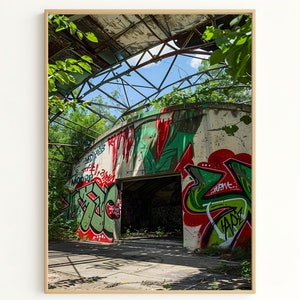 Urban Decay Art Print - Abandoned Graffiti Structure in Overgrown Setting, Perfect for Edgy Industrial Wall Decor Gift SP2850