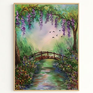 Whimsical Landscape Painting - Enchanting Garden Bridge Art - Tranquil Floral Nature Print for Cozy Home Decor Gift OF2674