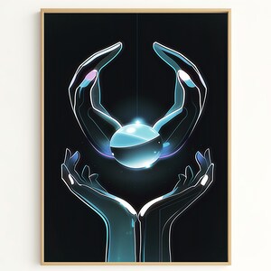 Holographic Sphere Art Print, Mystical Energy Sphere in Hands, Abstract Neon Decor for Home or Office Gifts YC1631