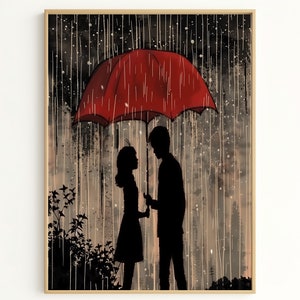 Rainy Night Art Print, Couple Under Red Umbrella in the Rain, Moody Weather Scene for Home Decor, Perfect Gift for Romantic Souls EA1974