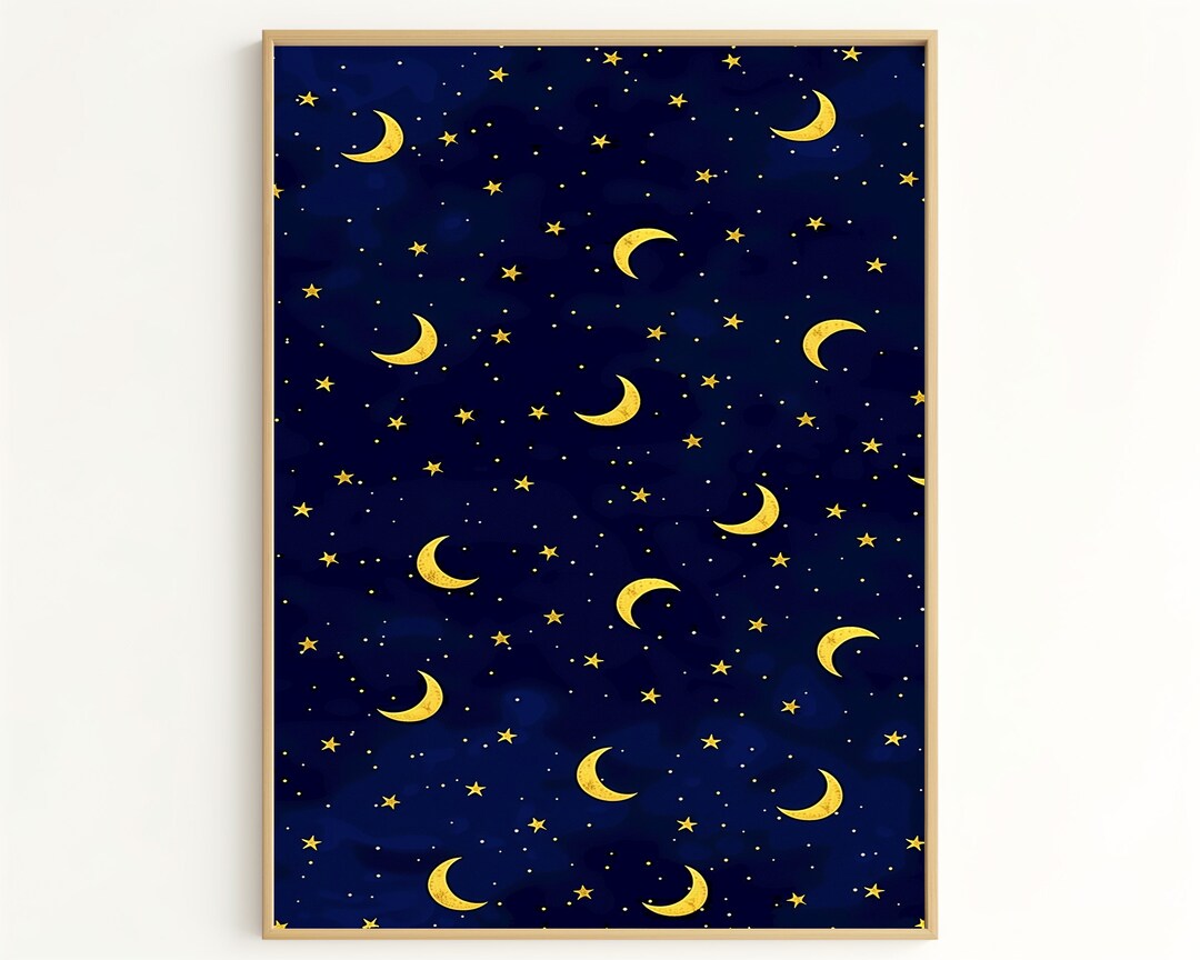 Celestial Wall Art - Moon and Stars Pattern Art Print, Dreamy Night Sky ...