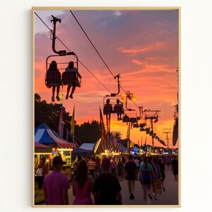 Vergnügungspark Sonnenuntergang - Lebendige Fahrgeschäfte unter buntem Himmel Fotografie Druck für Wohnkultur Geschenk ST881