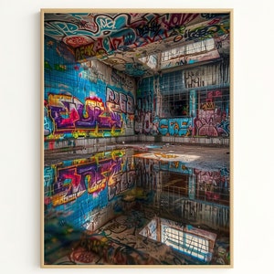 Urban Decay Photography: Abandoned Building Graffiti Reflection - Modern Art Print for Edgy Wall Decor and Urban Aesthetic Gift SP2895