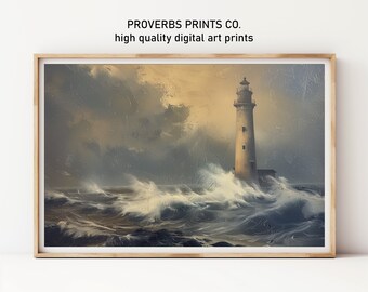 Lighthouse Painting with Crashing Waves in Storm, Modern Digital Wall Art Print, Ideal Maritime Home Decor Gift | WS87