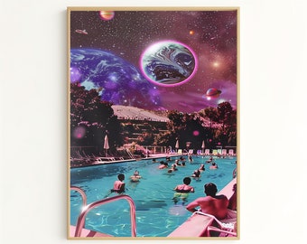 Artistic Fusion: Cosmic Poolside Art Print – Surreal Space Scene Decor for Unique Home Styling – Perfect Gift for Art Lovers NL3439