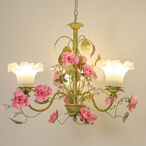 Rustic Farmhouse Pink Floral Chandelier Pendant Light
