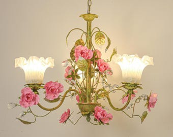 Rustic Farmhouse Pink Floral Chandelier Pendant Light