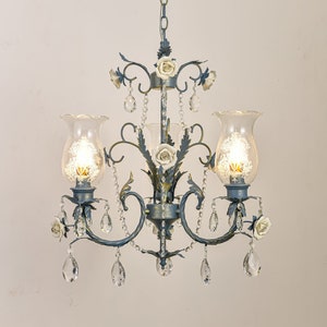 Rustic Farmhouse Blue Floral Chandelier Pendant Light with Crystal Drops and Porcelain Roses
