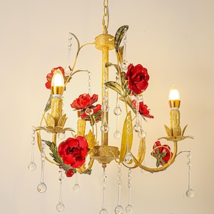 Rustic Farmhouse Rose Floral Chandelier Pendant Light with Crystal Drops 3Lights