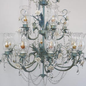 Blue Floral Chandelier Ceiling Pendant Light with Crystal Drops and Porcelain Roses