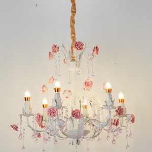 Pink Crystal Floral Chandelier Cottage-Style Handcrafted Ceramic Rose Pendant Light
